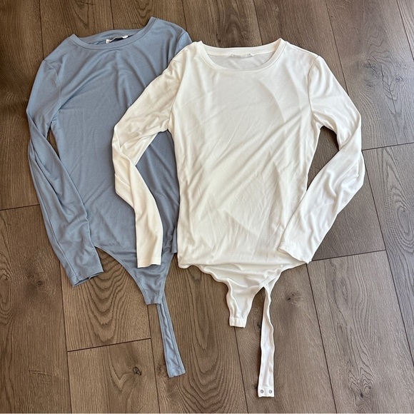 Elodie Tops - Elodie BUNDLE White Blue Ribbed Crew Neck Long Sleeved Body Suit XL